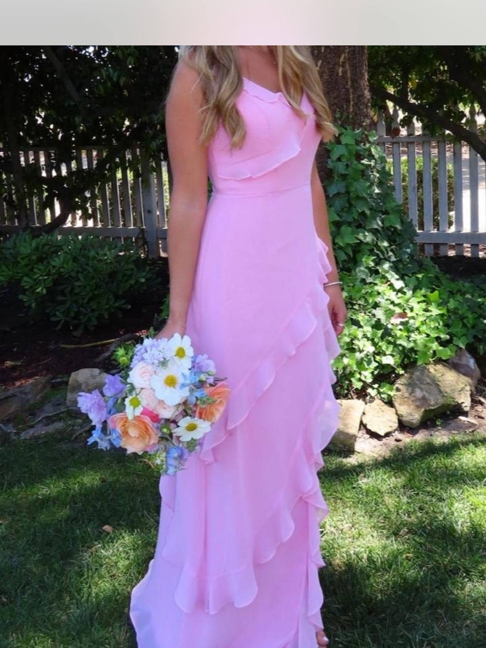 Pink Ruffle Cascade Maxi Dress for bridesmaid